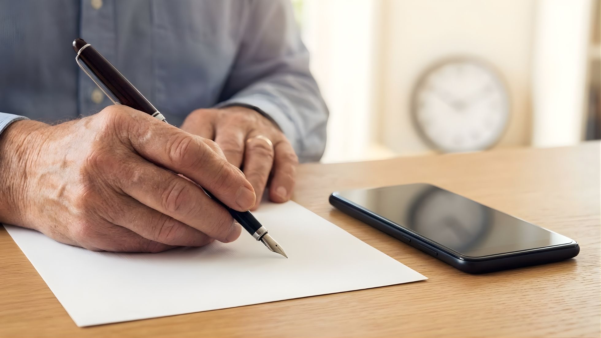 Close-up of senior person's hand writing with a fountain pen on white paper at a wooden desk, with a smartphone placed nearby and a blurred clock in the background.