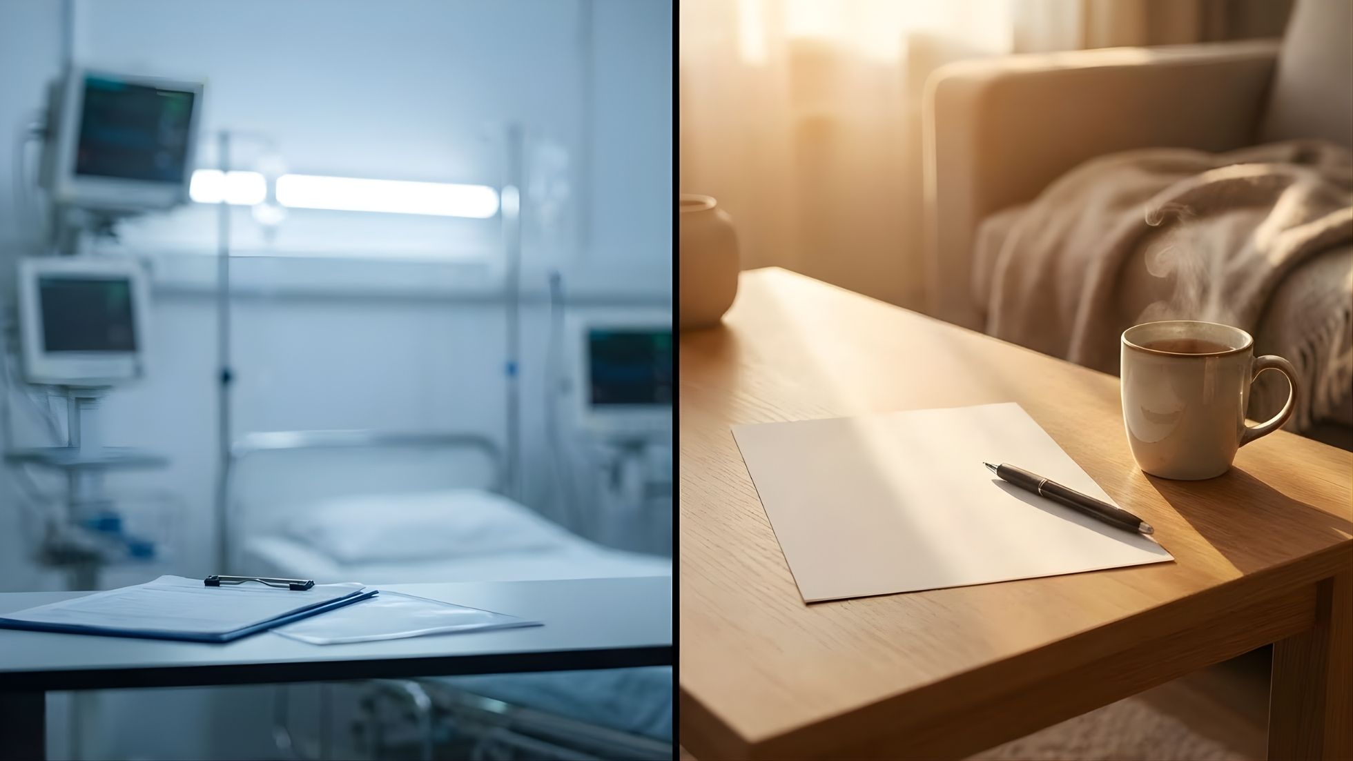 Split comparison image showing a hospital room with medical equipment and patient bed in cool blue tones on the left, and a warm home bedroom scene with blank paper, pen, and coffee mug on a nightstand on the right.