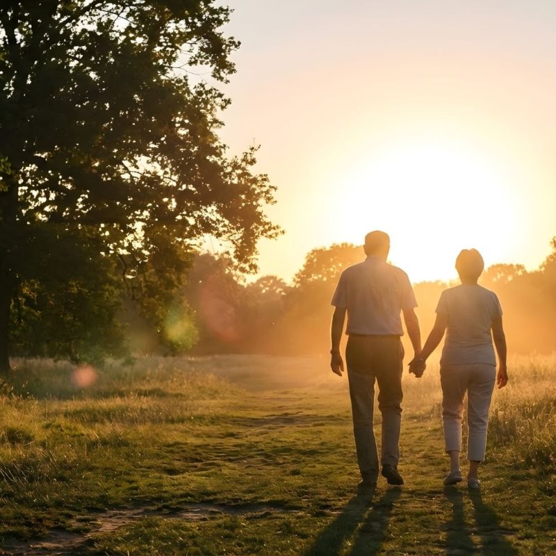 Silhouette of senior couple holding hands while walking together on a grassy path at sunset, surrounded by large trees and golden fields with dramatic sunlight streaming through.