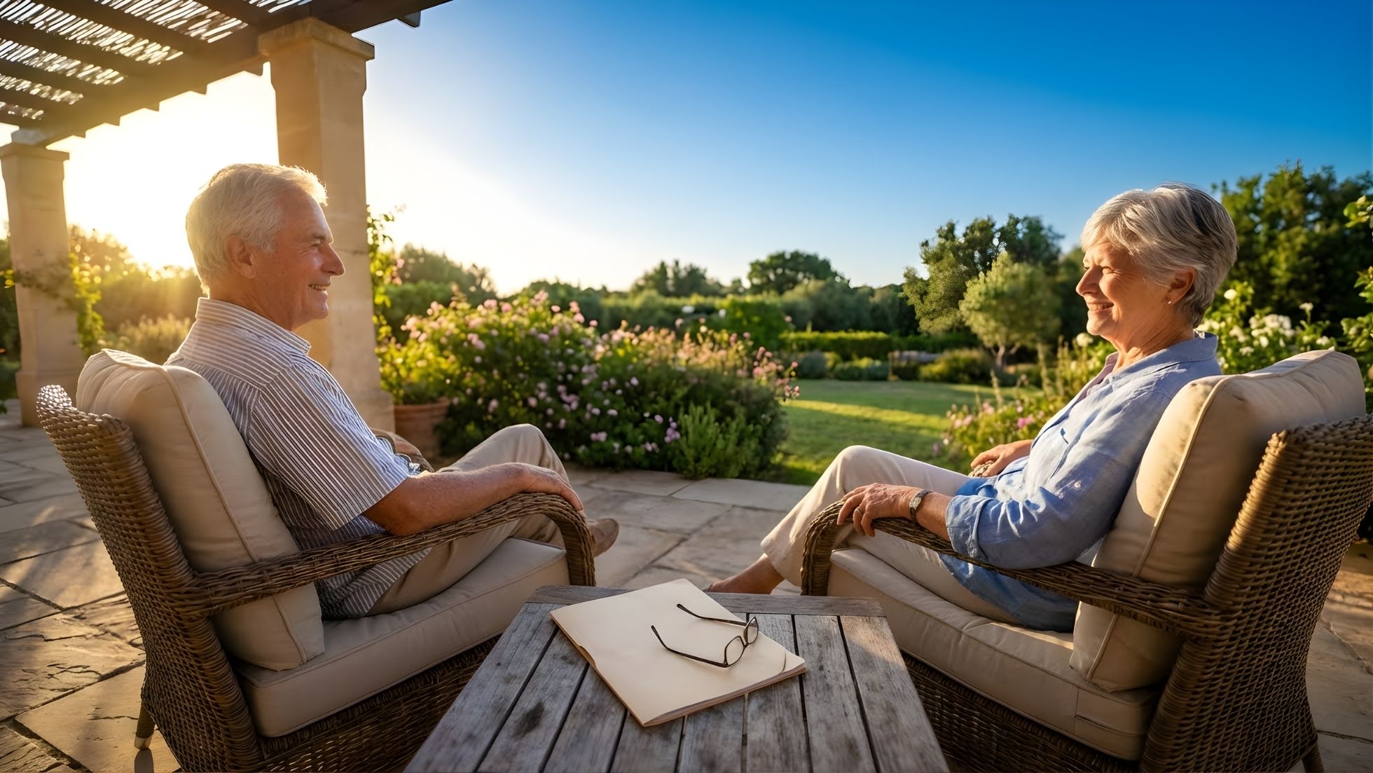 Senior couple relaxing on comfortable wicker patio chairs under a pergola at sunset, engaged in conversation with a book and reading glasses on the wooden coffee table between them, overlooking a landscaped garden with flowering plants and lush greenery.