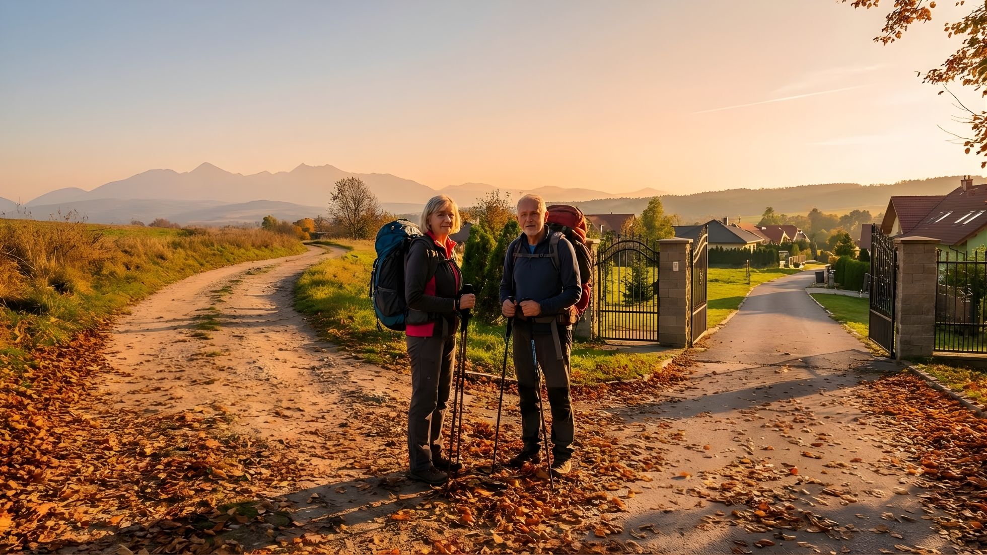 Senior couple with hiking backpacks and trekking poles standing on a rural path at sunset, with mountain range in the background and residential homes beside a dirt trail covered in autumn leaves.