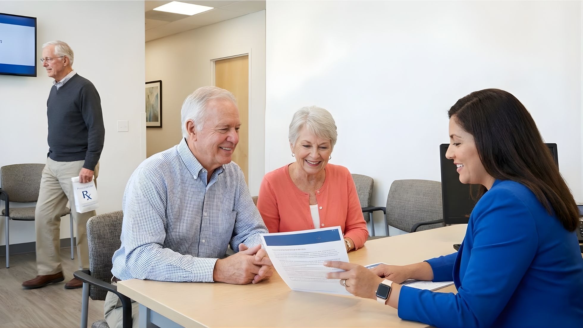 Senior couple smiling while reviewing a document with a female professional in a blue blazer at a desk.