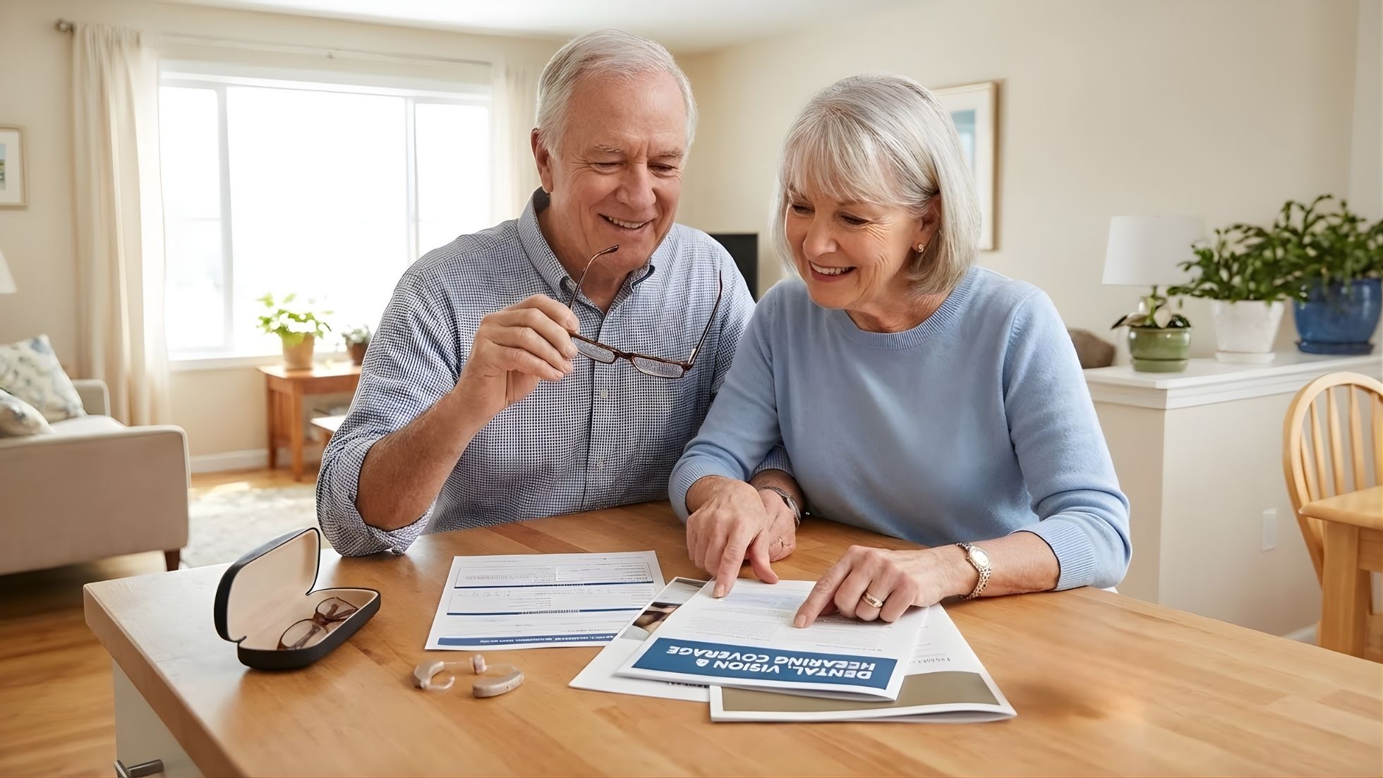 Senior couple smiling at a wooden table while reviewing a "Dental, Vision & Hearing Coverage" document.