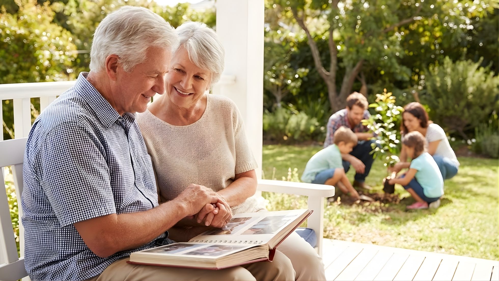 Senior couple looking at a photo album on a porch while family members plant a tree in the background.