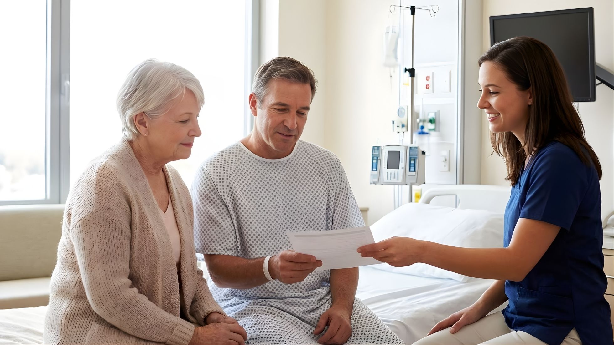A nurse shows a document to a patient in a hospital gown and his companion in a hospital room.