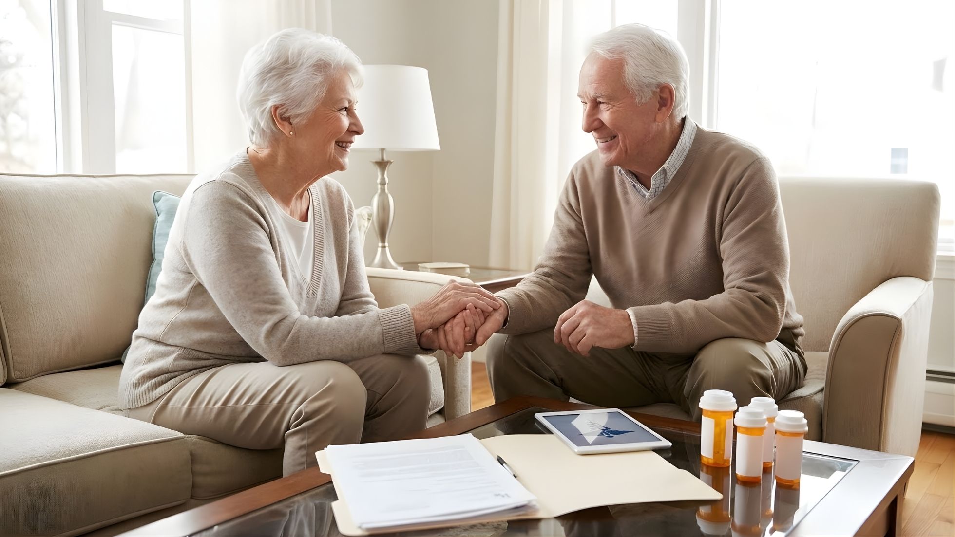Senior couple holding hands on a couch while sitting near a table with medication bottles and insurance documents.