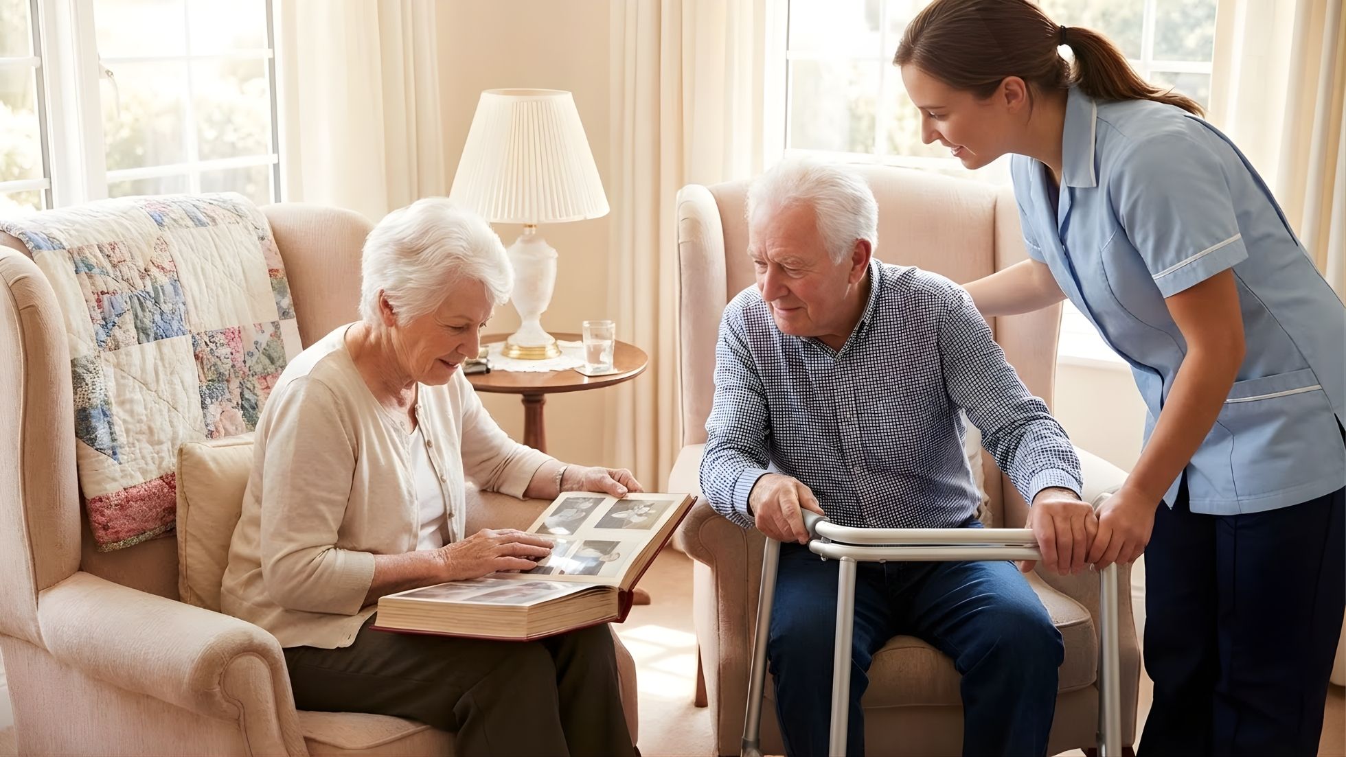 A caregiver stands by a man using a walker while a woman sitting nearby looks at a photo album.