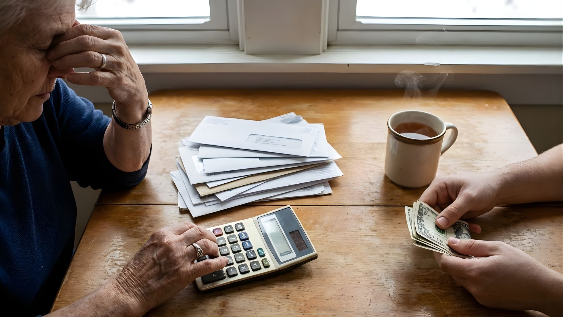 Senior person in blue sweater sitting at wooden table looking stressed while using calculator with stack of bills and envelopes nearby, as another person's hands count dollar bills, with a steaming cup of coffee on the table.