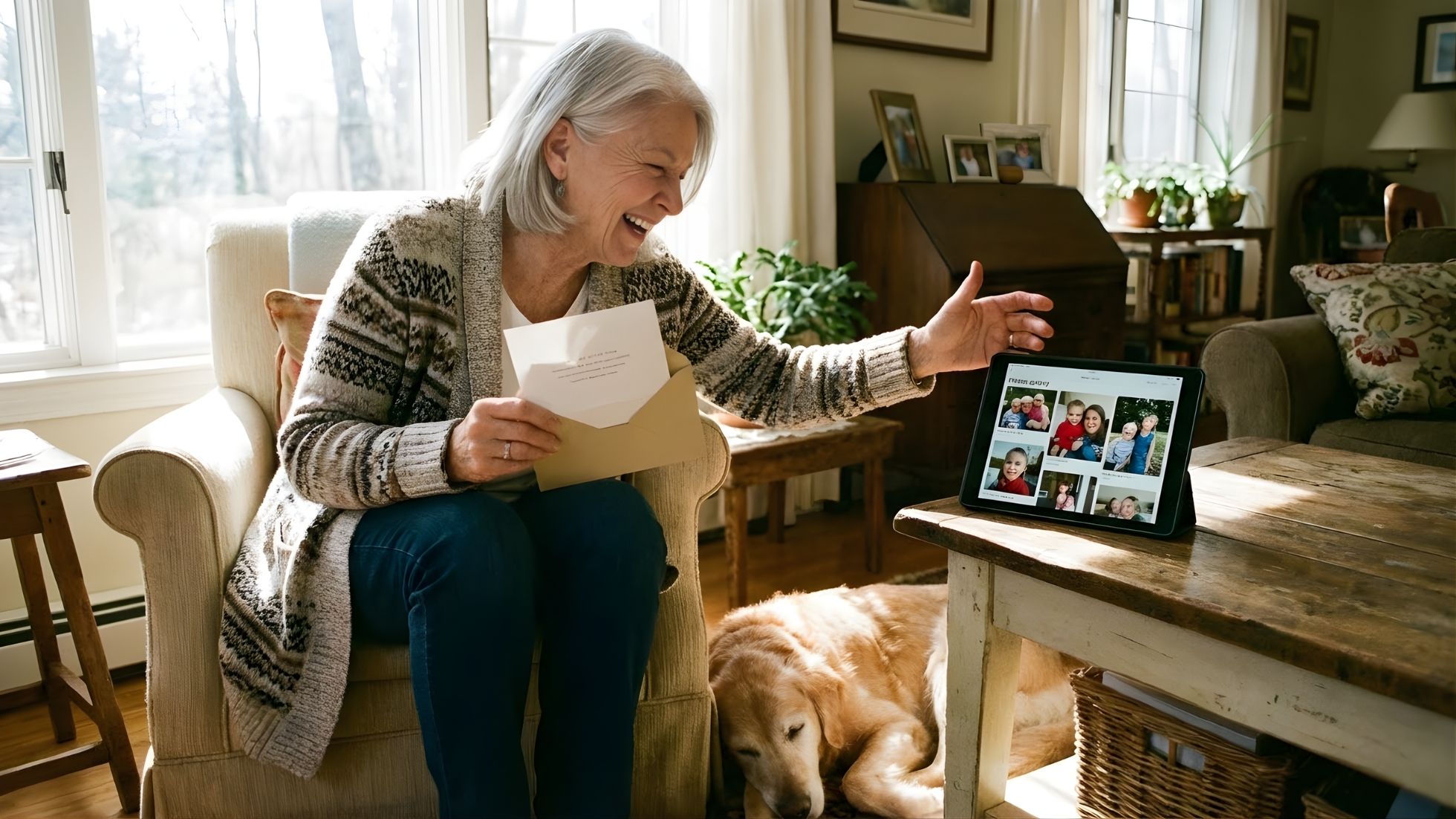 Happy senior woman with gray hair sitting in armchair holding a letter and waving at a tablet displaying family photos during a video call, with a golden retriever resting at her feet in a bright, cozy living room.