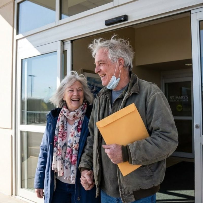 Here's the alt text for your image: ​ Alt text: "Happy senior couple walking out of a medical building holding hands and smiling, with the man carrying a yellow manila envelope and wearing a face mask around his chin, on a sunny day.